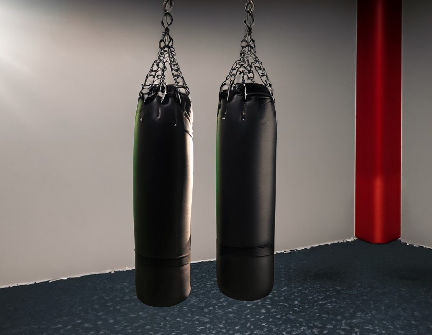 punching bag hanging in a boxing gym