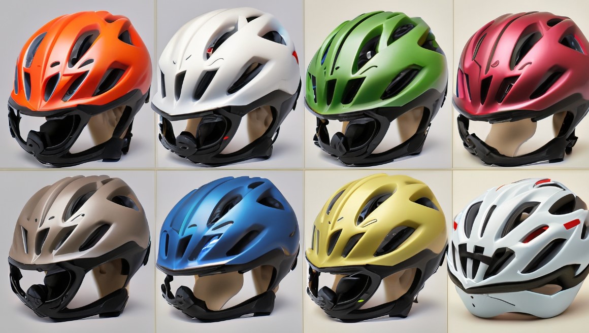 selection of bike helmets in different colors and styles