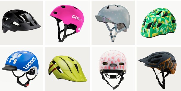 selection of bike helmets in different colors and styles