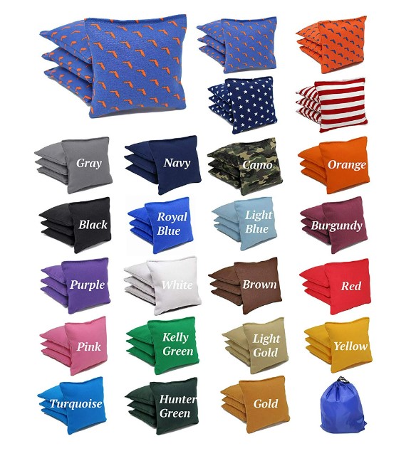 selection of cornhole bags in different colors and patterns