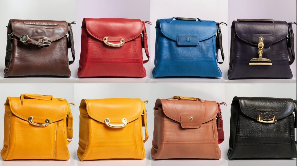 selection of designer bags in different styles and colors