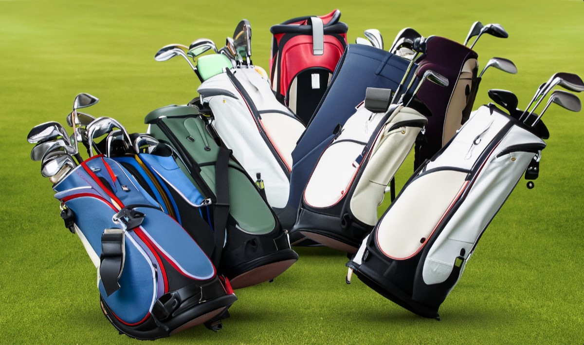 selection of golf bags in different styles and colors