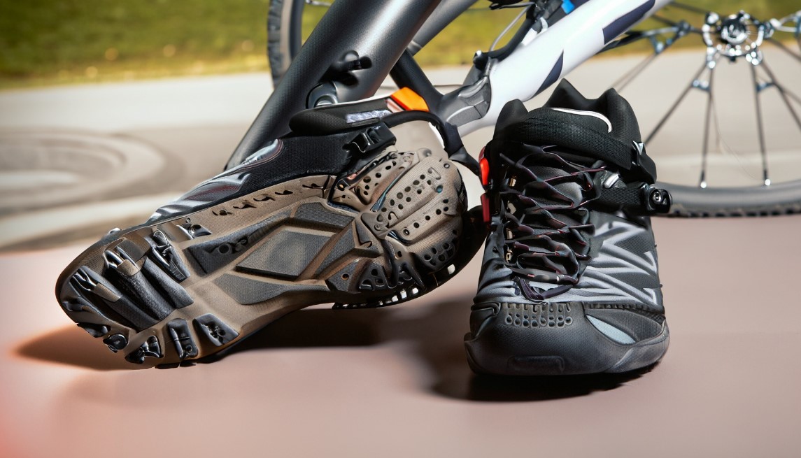 selection of mountain bike shoes in different colors and styles